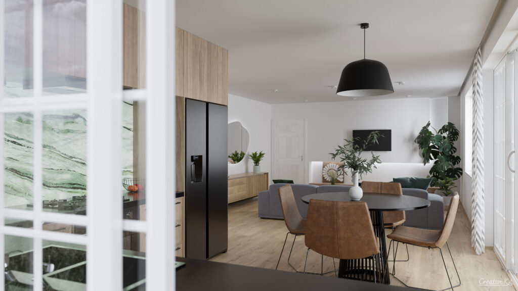 Interiérové vizualizace - prostorný obývací pokoj s velkou kuchyní v dekoru dřeva a jídelním stolem