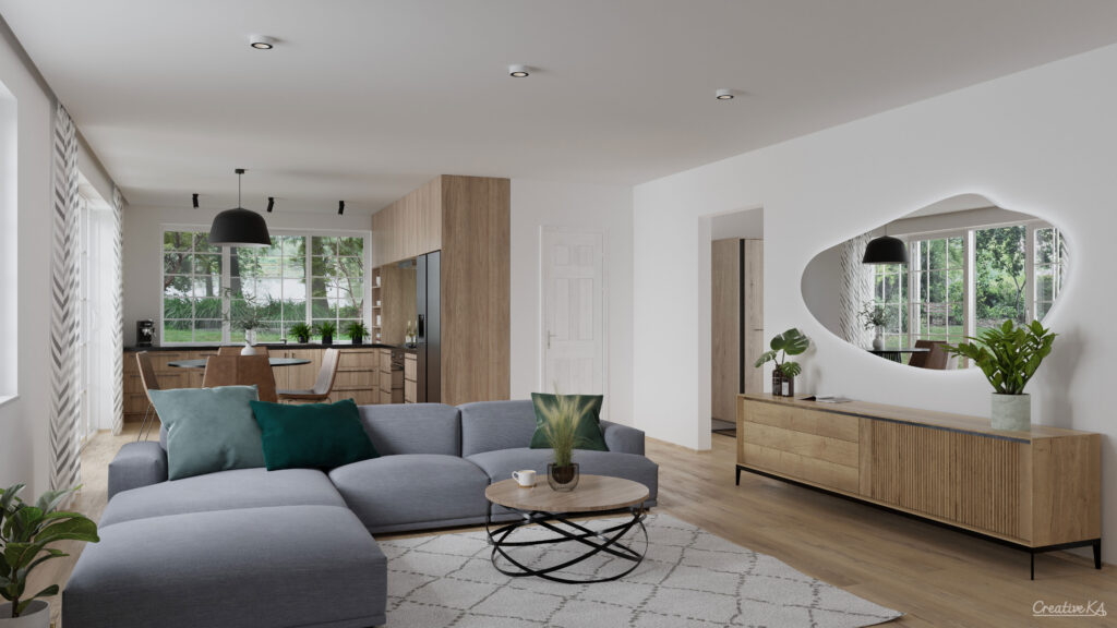 3D vizualizace interiéru - obývací pokoj s kuchyňským koutem ve světlém dřevě