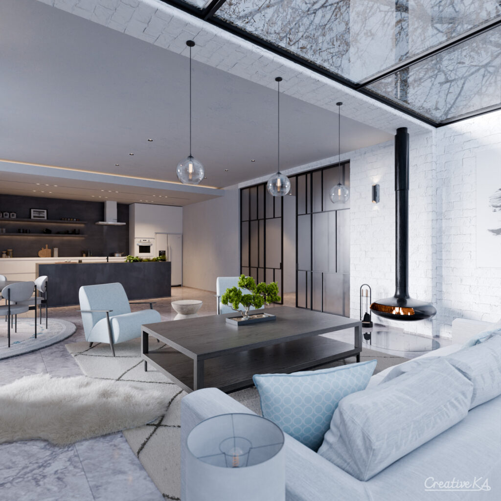 Interiérové vizualizace - světlý obývací pokoj propojený s kuchyní