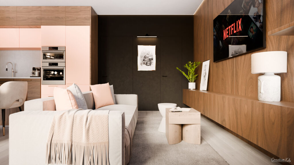 Interiérové vizualizace - obývací pokoj s dřevěným obložením zdi