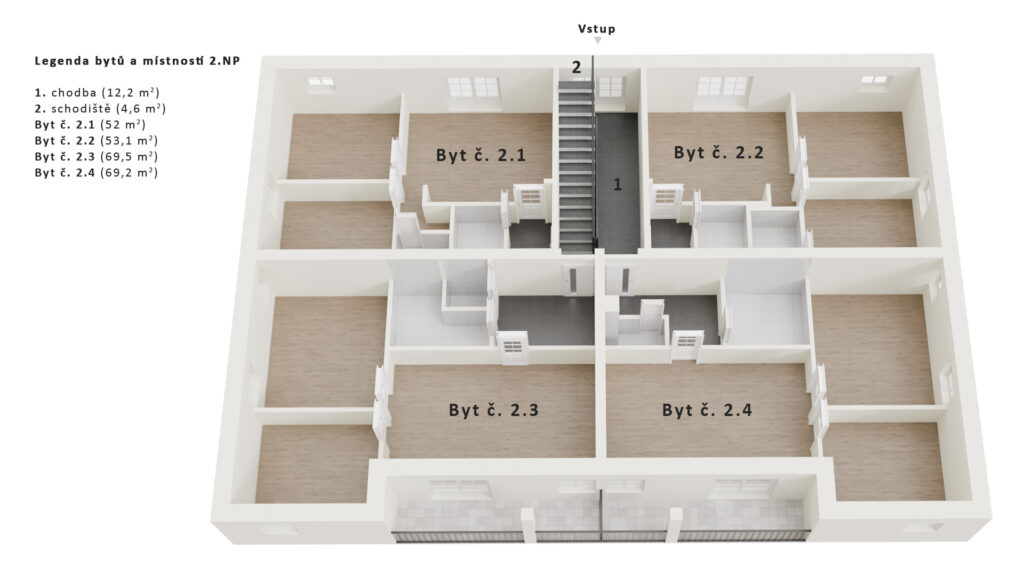 3D půdorysy - vizualizace půdorysu patra bytového domu