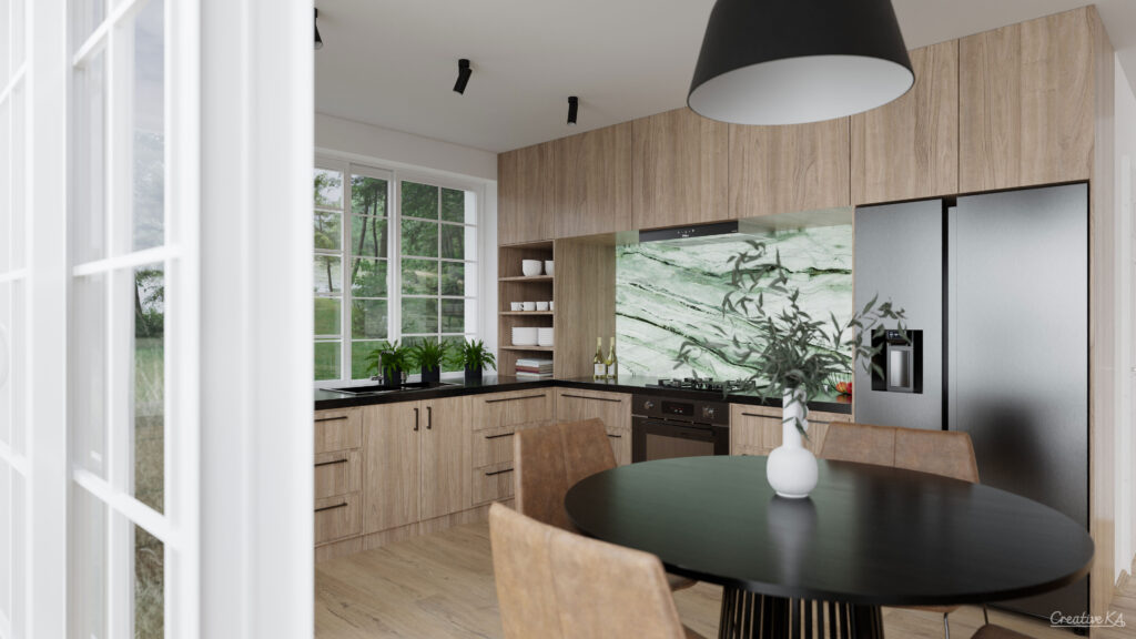 Interiérové vizualizace - kuchyně v dekoru dřeva a jídelním stolem