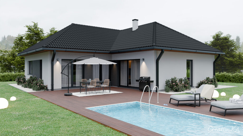3D vizualizace exteriéru - rodinný dům s bazénem