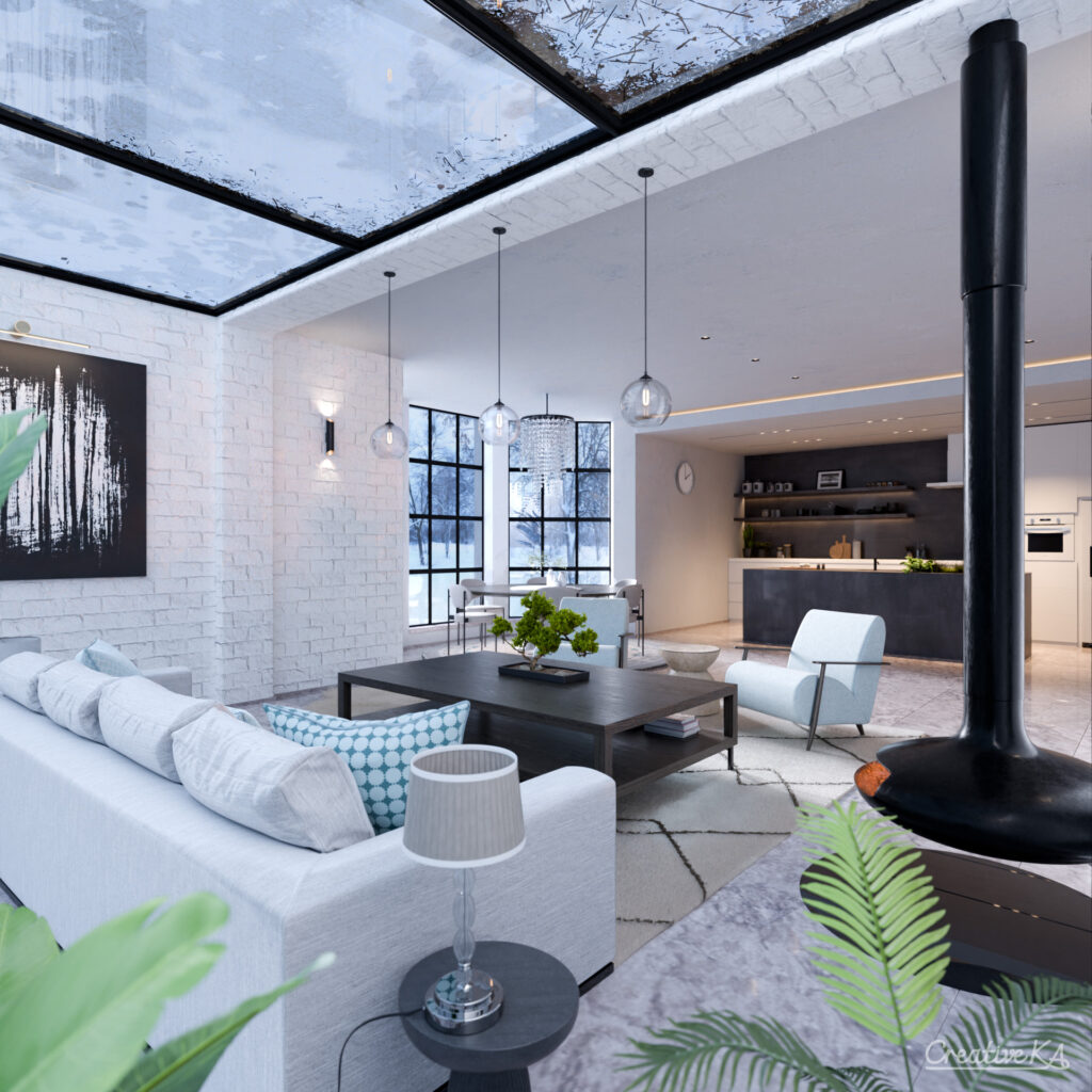 Interiérové vizualizace - světlý obývací pokoj propojený s kuchyní a jídelním koutem