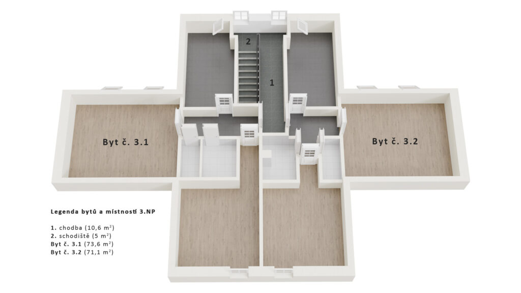 3D půdorysy - vizualizace půdorysu patra bytového domu
