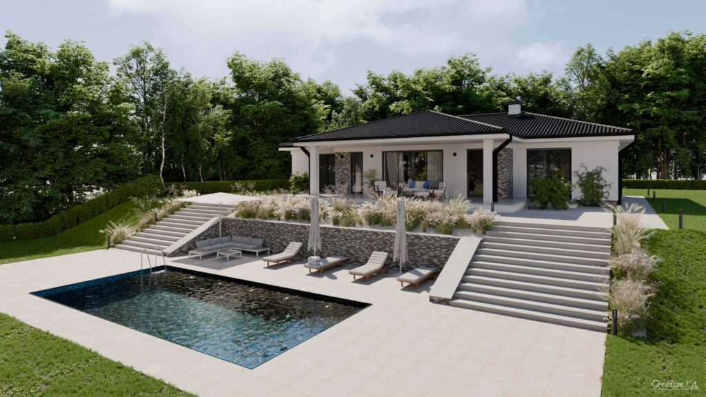 Exteriérové vizualizace - rodinný dům s terasou a bazénem