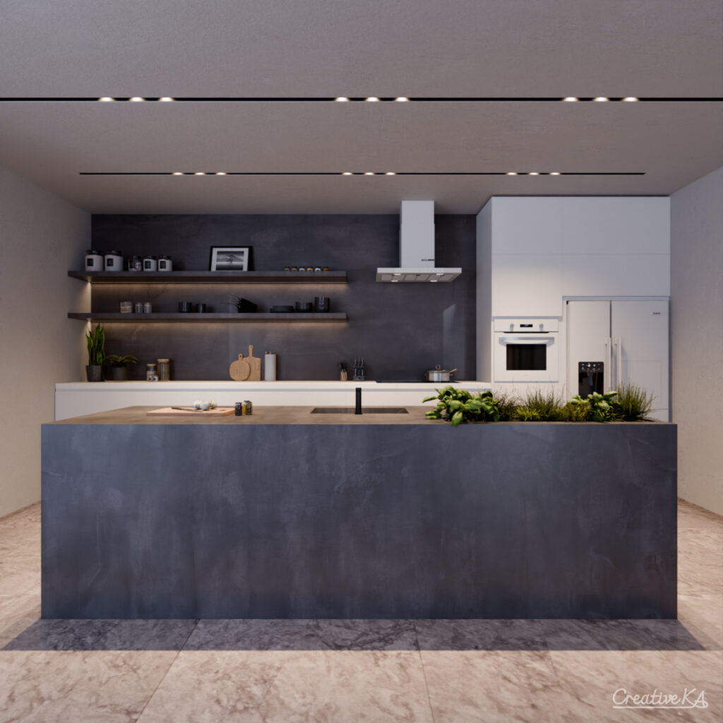 Interiérové vizualizace - moderní kuchyně s velkým ostrůvkem