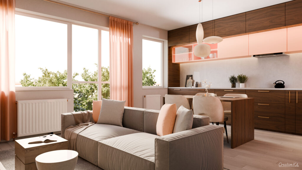 Interiérové vizualizace - obývací pokoj s dřevěnou kuchyní