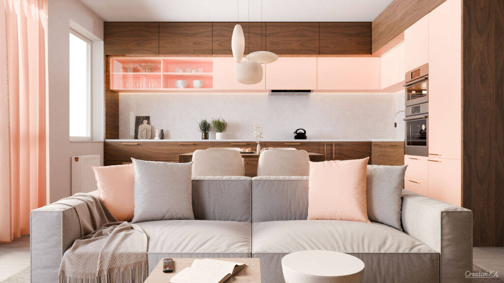 Interiérové vizualizace - obývací pokoj s dřevěnou kuchyní a peach fuzz odstínem