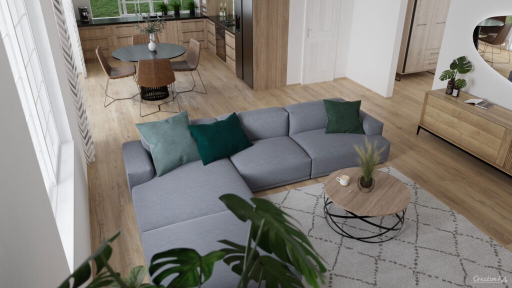 Interiérové vizualizace - prostorný obývací pokoj s dřevěnou podlahou a rohovou sedačkou