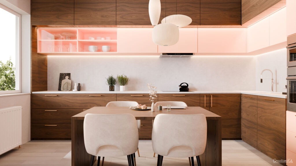 Interiérové vizualizace - kuchyně v barevné kombinaci dřeva a odstínu peach fuzz