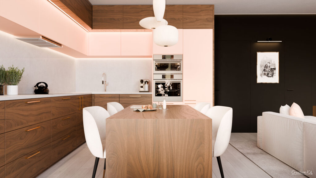 Interiérové vizualizace - kuchyně s jídelním stolem pro 4 lidi