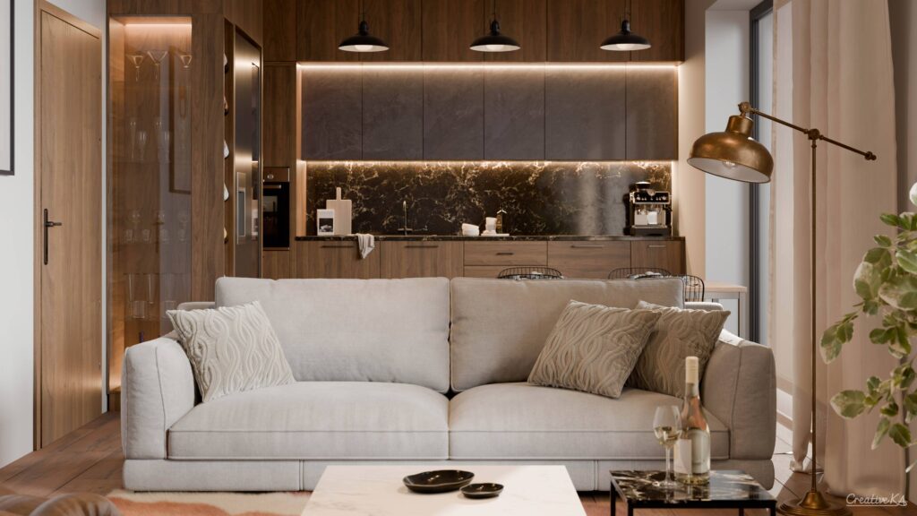 Interiérové vizualizace - obývací pokoj s kuchyní v barevné kombinaci teplých koňakových odstínů a dřeva