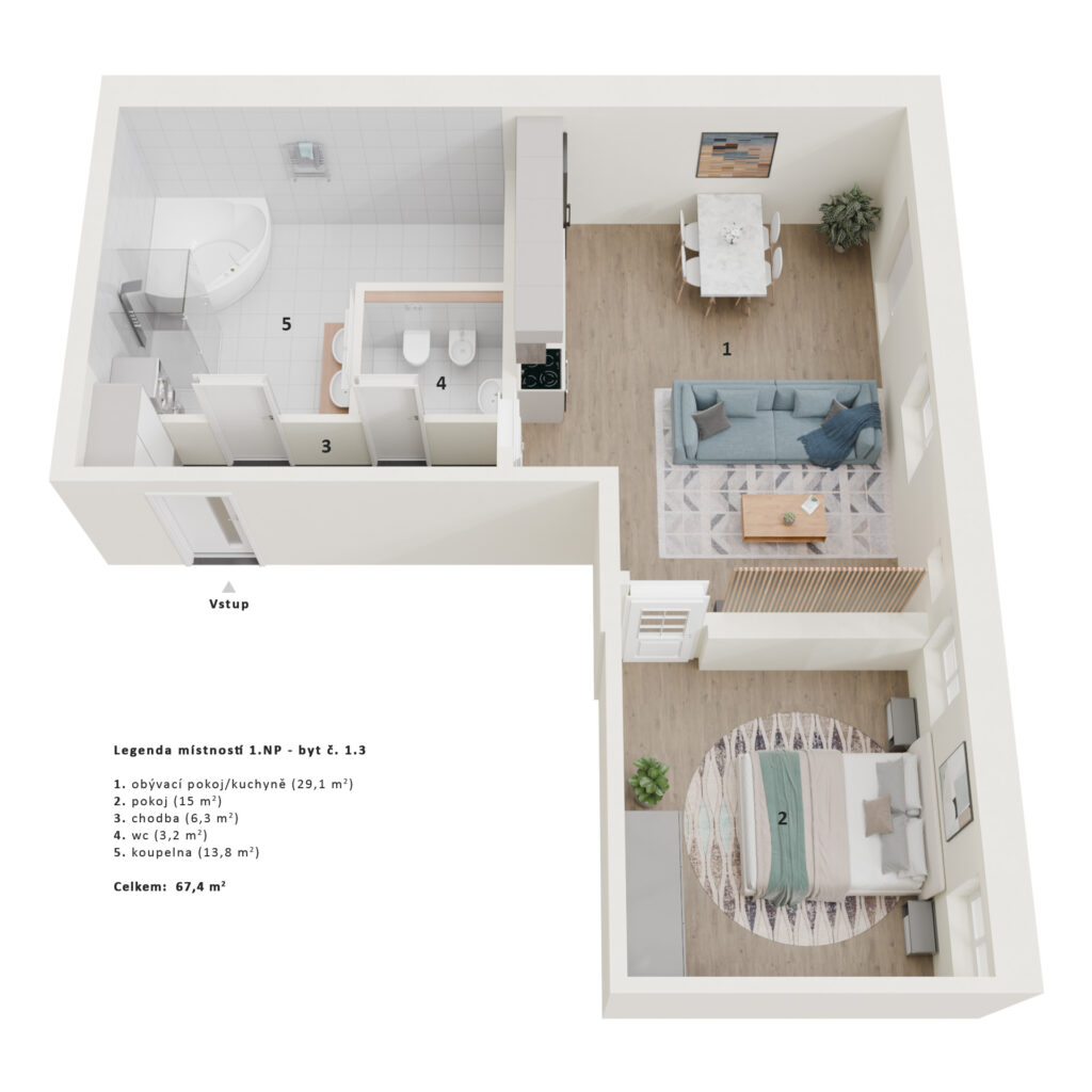 3D půdorysy - vizualizace půdorysu bytu 2+kk s velkou koupelnou