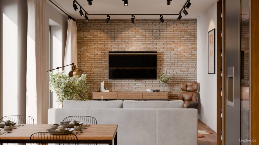 Interiérové vizualizace - obývací pokoj s cihlovou zdí a koženým křeslem