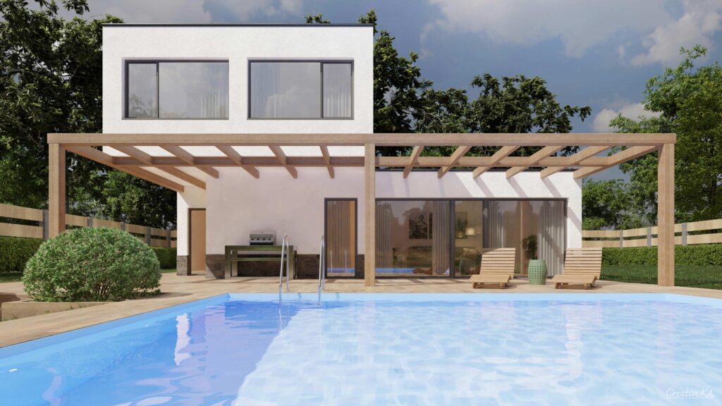 Exteriérové vizualizace - rodinný dům se zahradou a bazénem