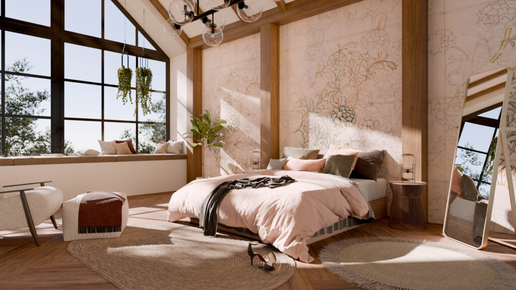 Interiérové vizualizace - světlá, růžová ložnice s květinovým vzorem na zdi a velkou postelí