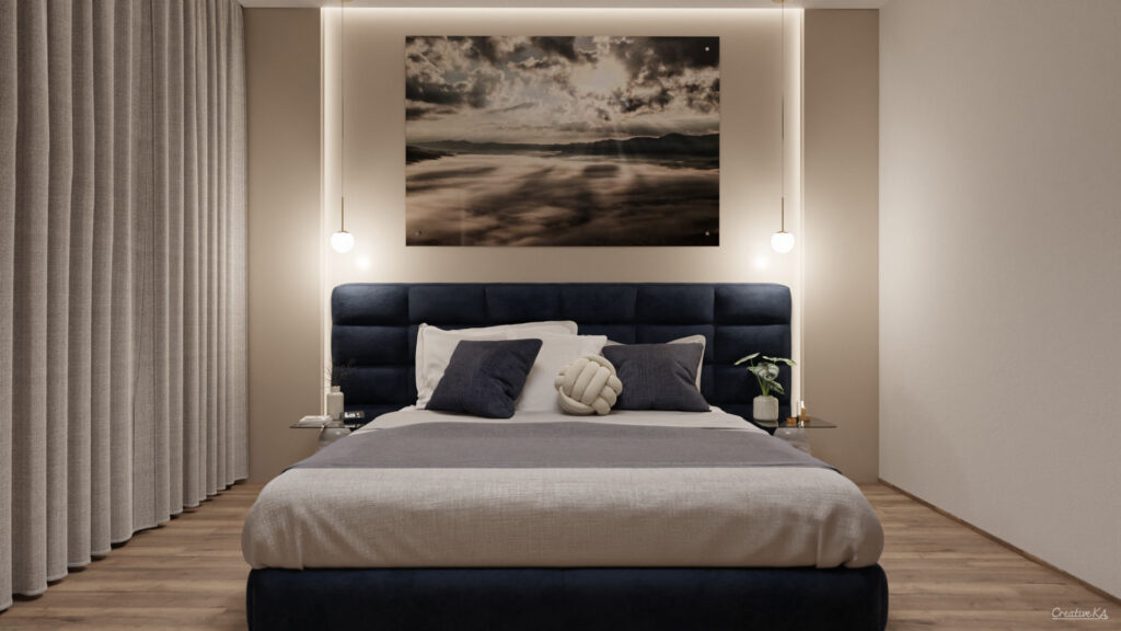Interiérové vizualizace - ložnice s manželskou postelí v modrém odstínu