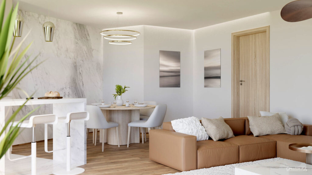 Interiérové vizualizace - obývací pokoj s jídelním koutem a mramorem obloženou zdí
