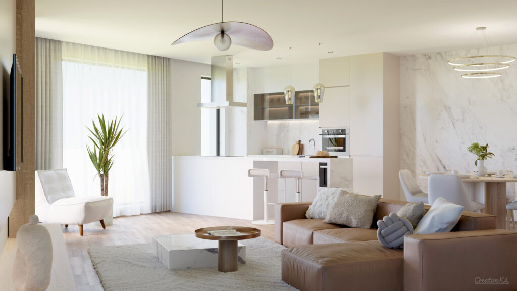Interiérové vizualizace - obývací pokoj s kuchyní ve světlých odstínech