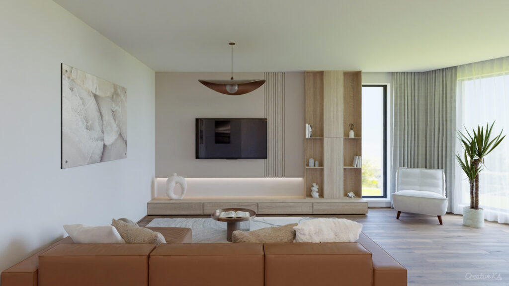 Interiérové vizualizace - obývací pokoj ve světlých odstínech s televizní stěnou a koženou sedačkou